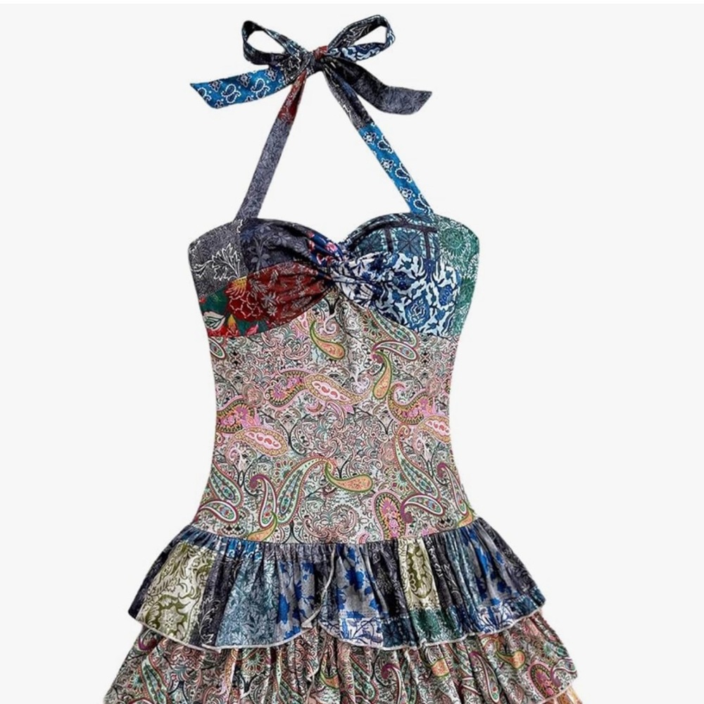 Multicolor Paisley Halter Mini Dress